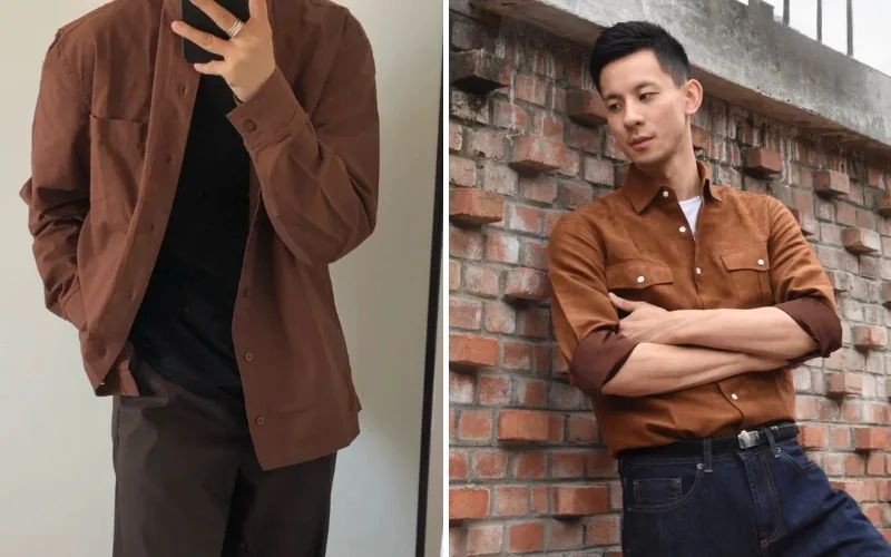 Tạo điểm nhấn với áo khoác nâu, sơ mi sọc, quần bò đen và mũ lưỡi trai
